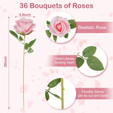 36Pcs Fake Roses Artificial Silk Flowers Artificial Roses With Long Stems - Pink Roses Faux Silk Roses Bulk, Realistic Roses Bouquet For Home Wedding Centerpieces Decoration Party Decor