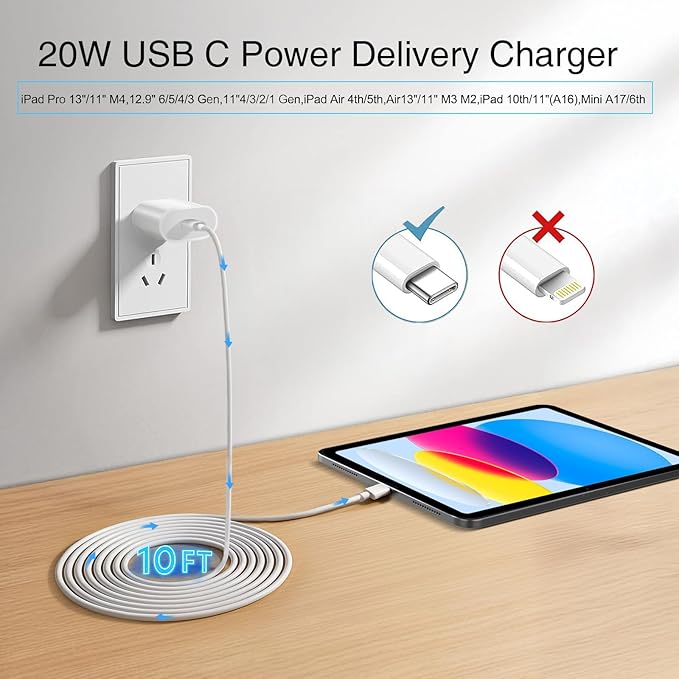 20W USB C Fast Charger with 10FT Cable for iPad 11th 10th Gen Air Pro Mini