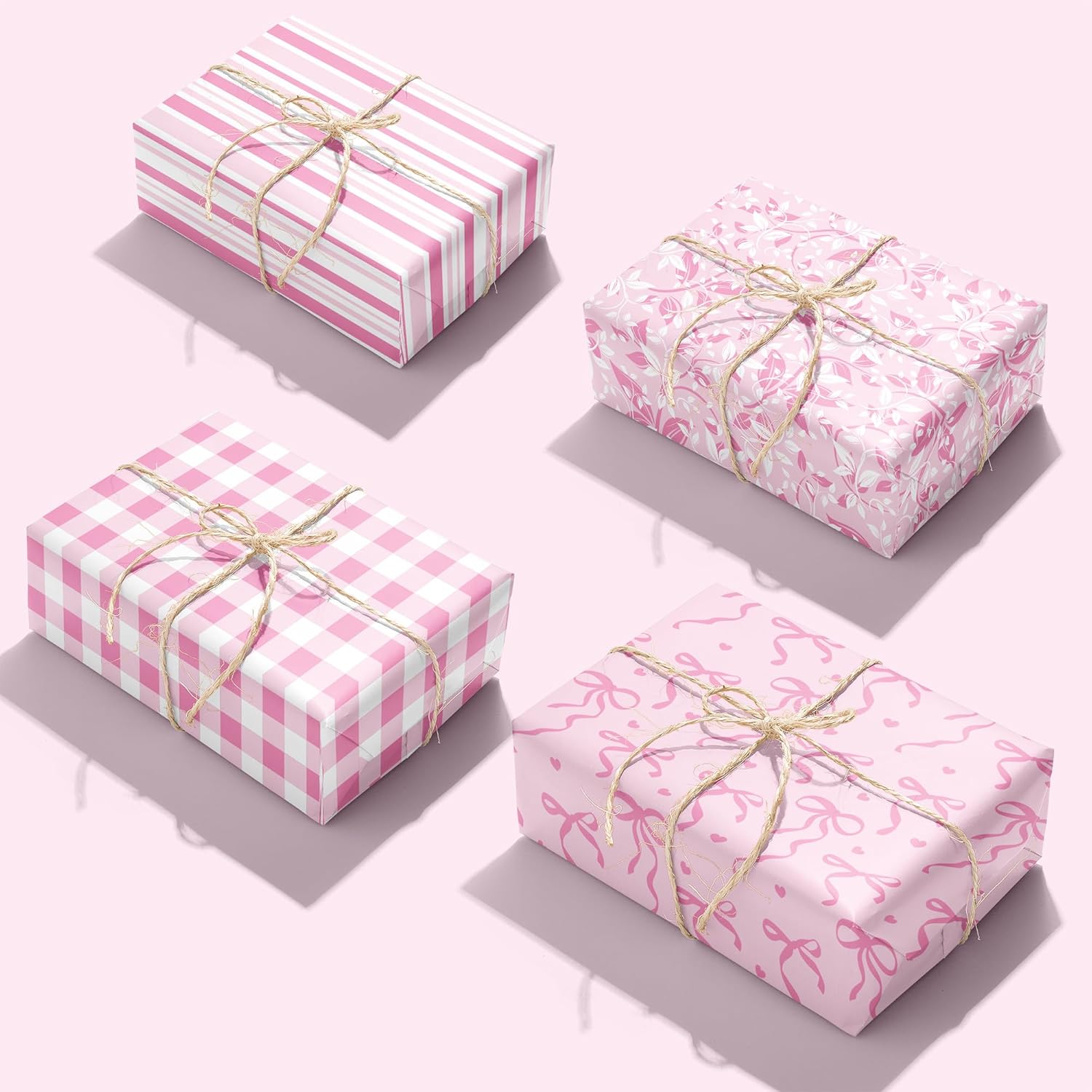 Pink Wrapping Paper Sheet - 8 Sheets Folded Flat Gift Wrap With Cute Ribbon Bow, Pink Plaid, Stripes And Leaves Design For Girl Baby Shower, Birthday, Wedding - 20 X 28 Inch Per Sheet