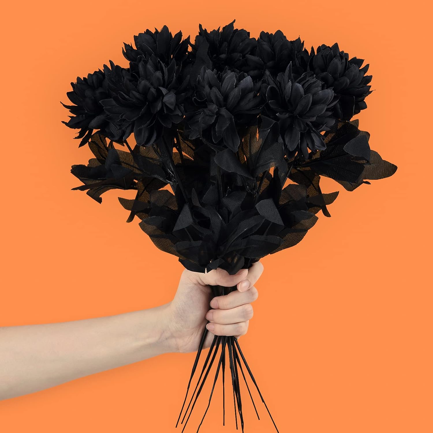 10 Pack Artificial Silk Dahlia Bouquet With Long Stem, 16” Black Fake Flower Floral Arrangements Wedding Bridal Bouquet For Halloween Harvest Festival Table Centerpieces Home Decor