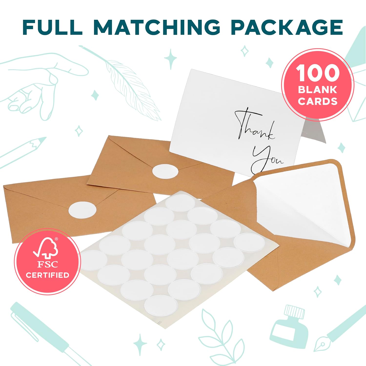 Thank You Cards With Envelopes Bulk Set & Stickers - 100 Pack 4X6 Blank Thank You Notes Bulk Box Set - Large Note Card Small Business, Wedding, Baby Shower & Bridal Shower - White
