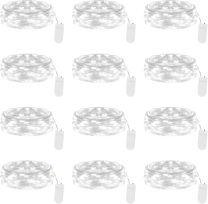 12 Pack Cool White Fairy Lights Battery Operated 7FT 20 LED Silver Wire String Lights Waterproof Firefly Lights for Mason Jars DIY Wedding Party Bedroom Centerpiece Table Decor