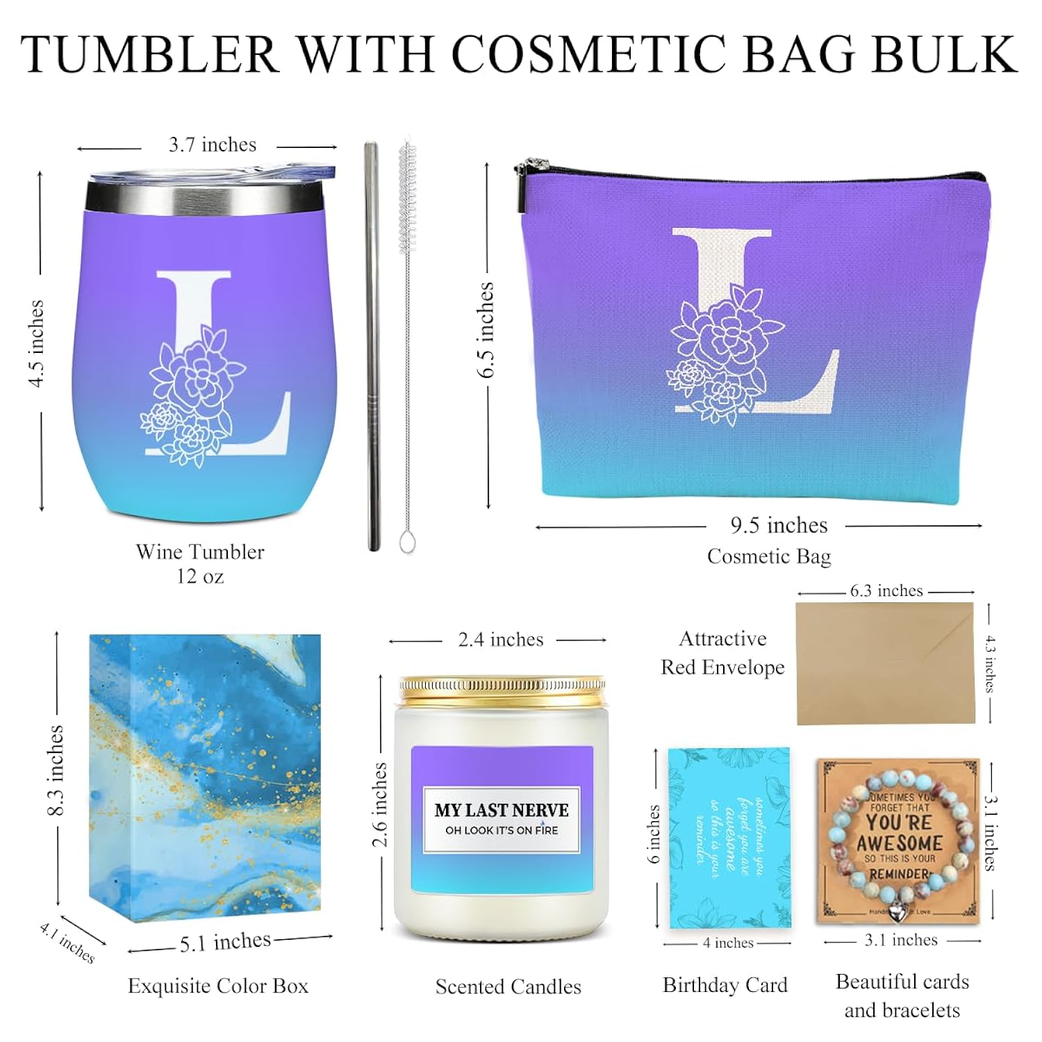 Blue Initial L Monogrammed Personalized Gifts Birthday Gifts For Women Mom Bestie Friend Sister Wife Christmas Valentine'S Day Wine Glass Housewarming Makeup Bag Wine Tumbler Candle Bracelet Set