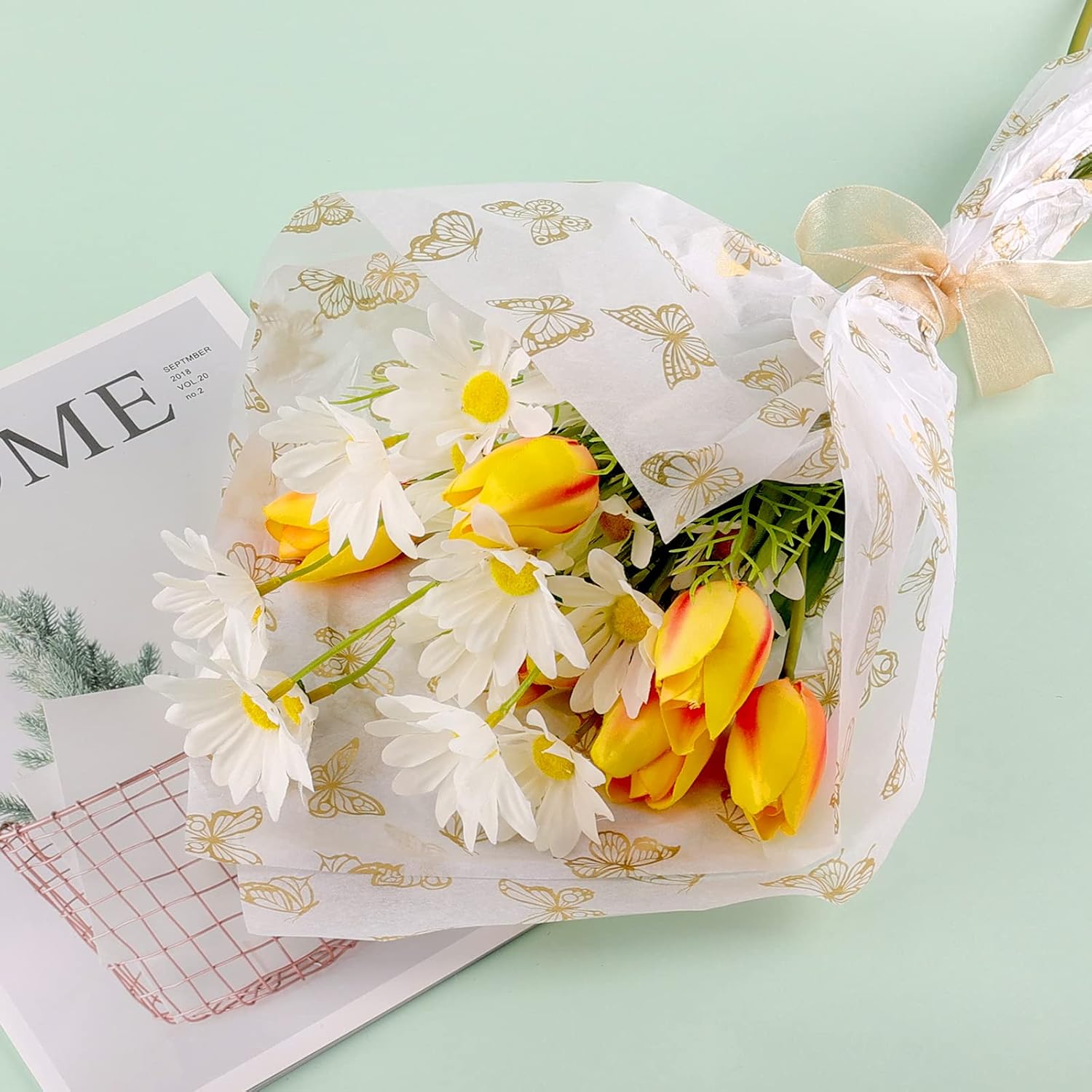 30Pcs 14X20Inch Golden Butterfly Tissue Paper Sheets, Gold Wrapping Tissue Paper Bulk For Packaging For Christmas Wedding Birthday Party Baby Showers Diy Crafts Arts (White Background)