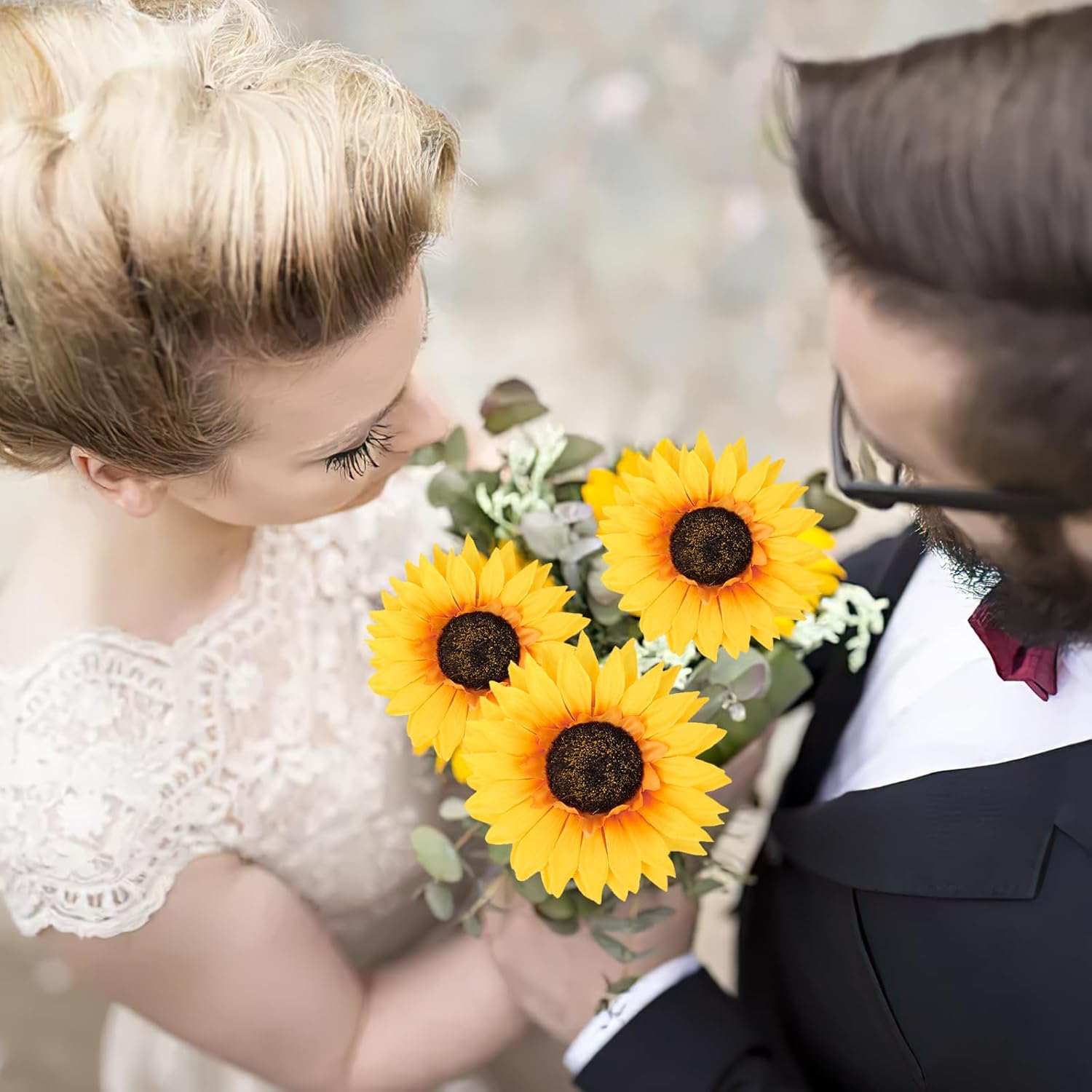 Artificial Sunflower Bouquet, 6 Packs 25.5Inch Long Stems Yellow Silk Flowers For Home Wedding Fall Decorations