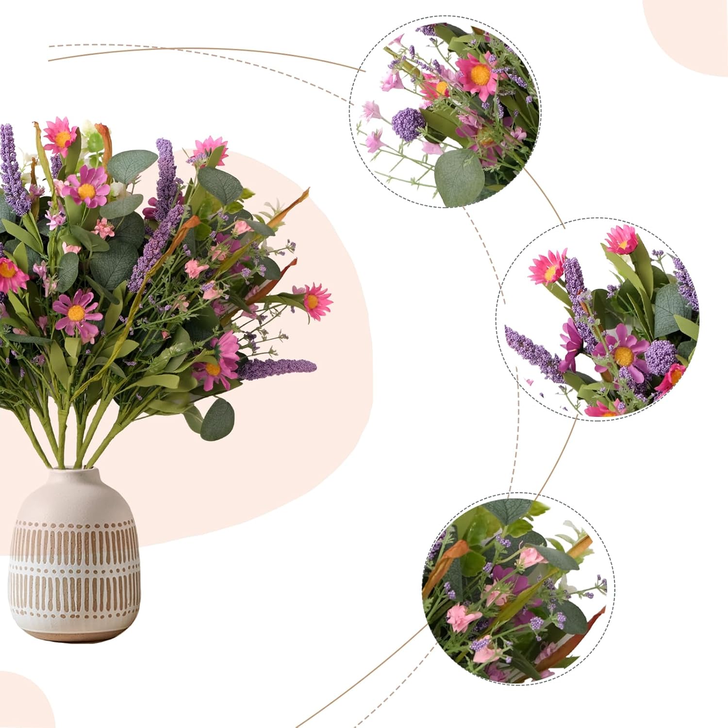 Artificial Faux Plants Flowers Indoor Spring Summer Decor, 6 Bundles Fake Silk Daisies Lavender Branches For Indoor Outdoor Wedding Office Party Hotel Home Decor, Vase Not Included