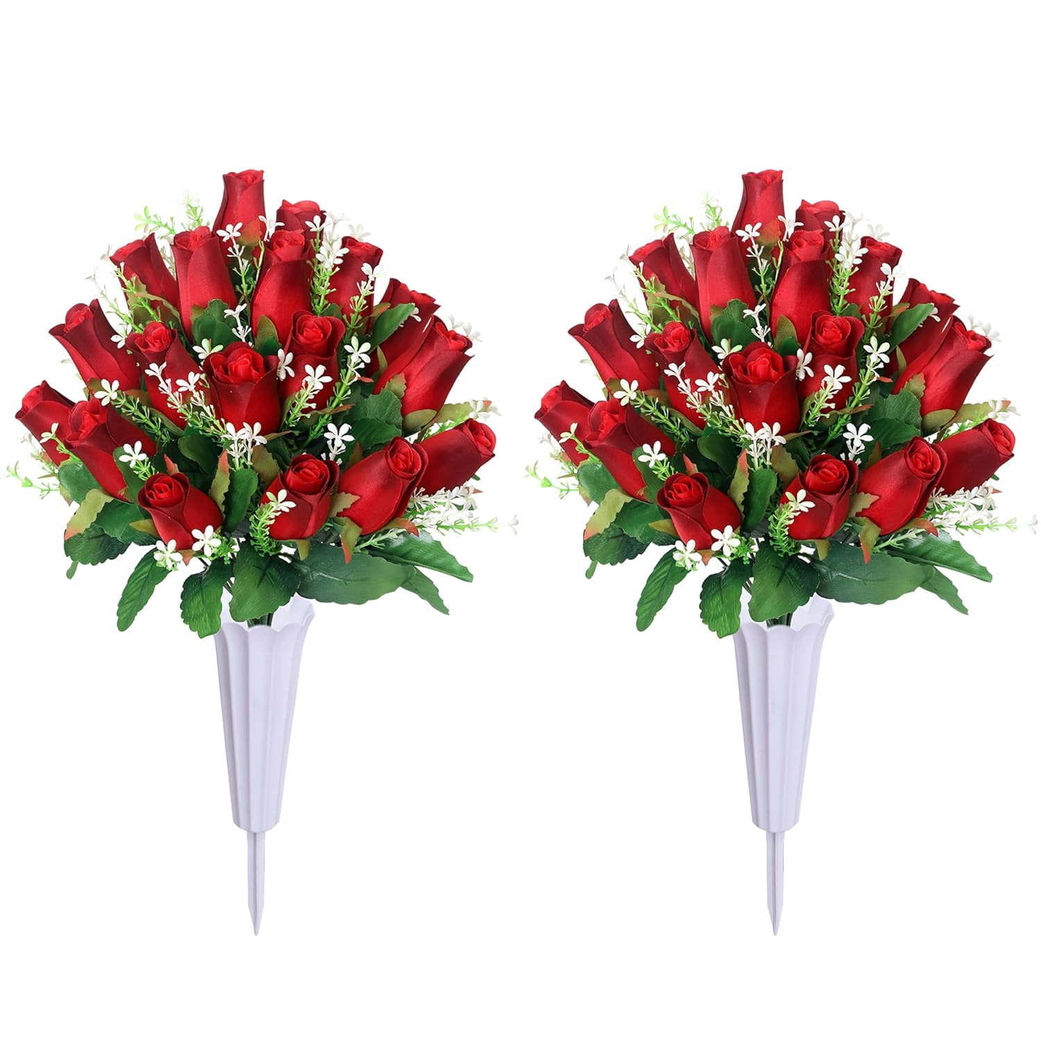 Artificial Cemetery Flowers For Grave,2Pack Memorial Roses Bouquets With Vase For Grave Tombstone Decorations (Red)