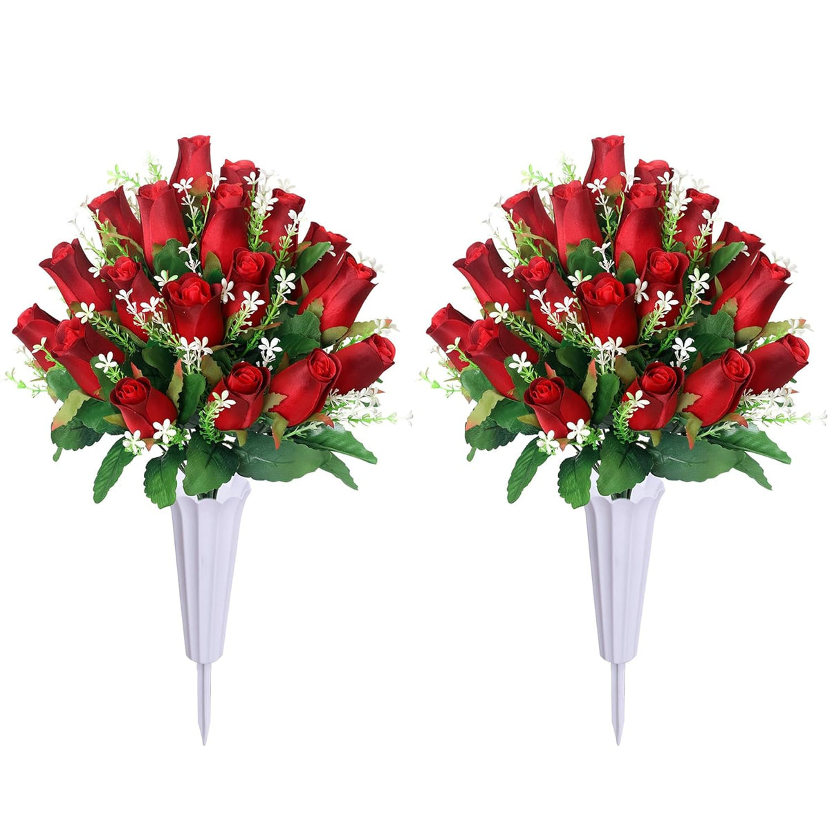 Artificial Cemetery Flowers For Grave,2Pack Memorial Roses Bouquets With Vase For Grave Tombstone Decorations (Red)