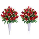 Artificial Cemetery Flowers For Grave,2Pack Memorial Roses Bouquets With Vase For Grave Tombstone Decorations (Red)