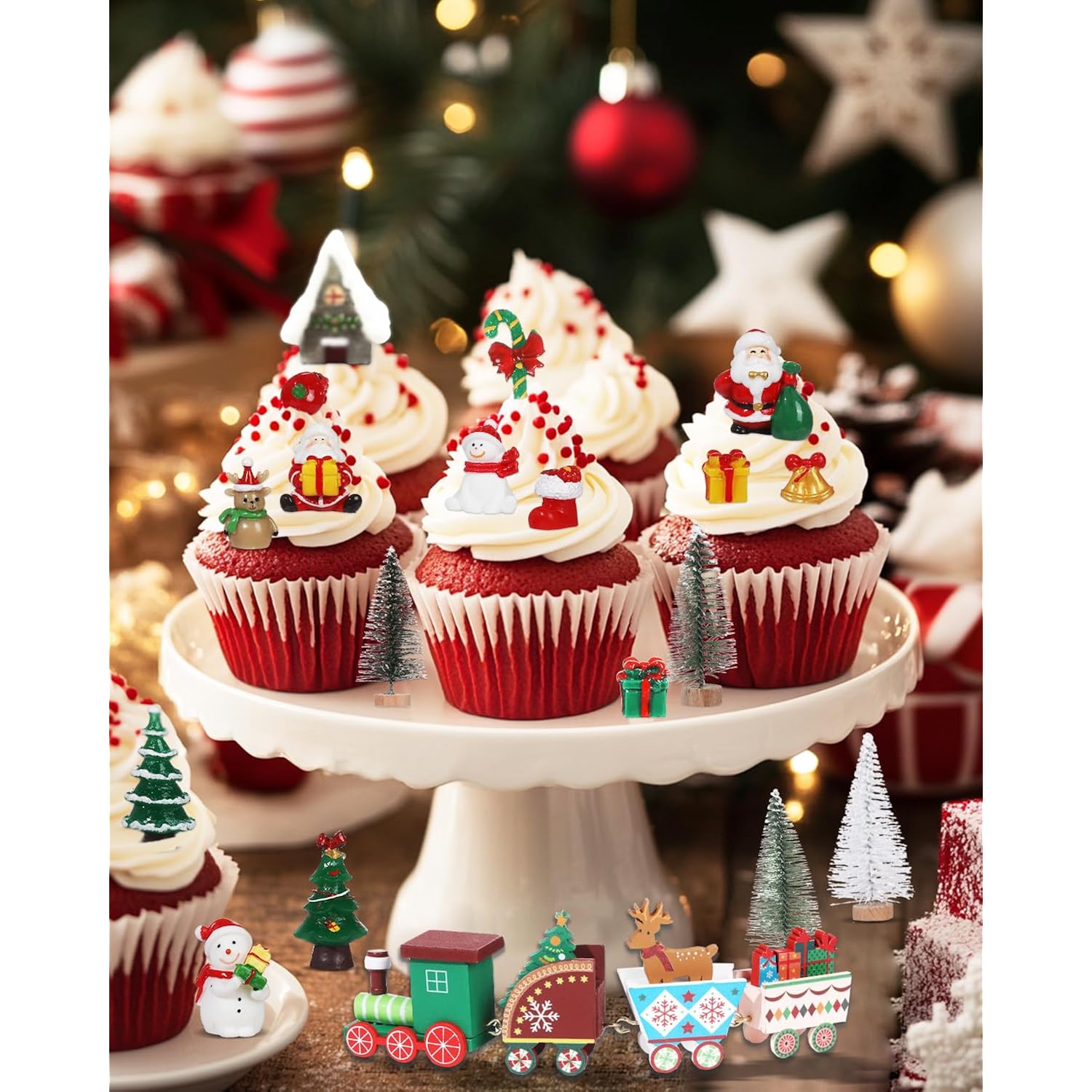 Merry Christmas Cake Decorations - 19 Piece Set With Cake Toppers, Christmas Tree, Santa Gifts, Birthday Party Supplies