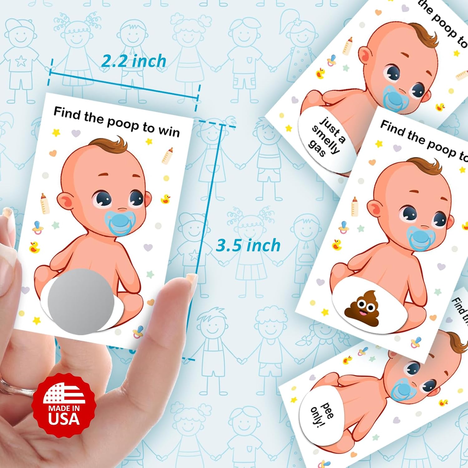 Baby Shower Boy Scratch Off Poop Game, Easy To Play Silly Games, Funny Idea, Ice Breaker Activity. Raffle Cards, Blue Pacifier, Set Of 40 Cards Made In Usa