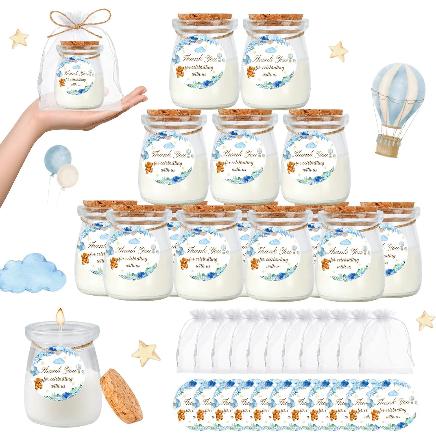 24Pcs Baby Shower Candle Party Favors Lavender Scented Glass Jars Wax Candle Bulk With Thank You Cards Organza Bags For Guests Boy Girl Birthday Gender Reveal Gift Souvenirs (Blue Bear, 24)
