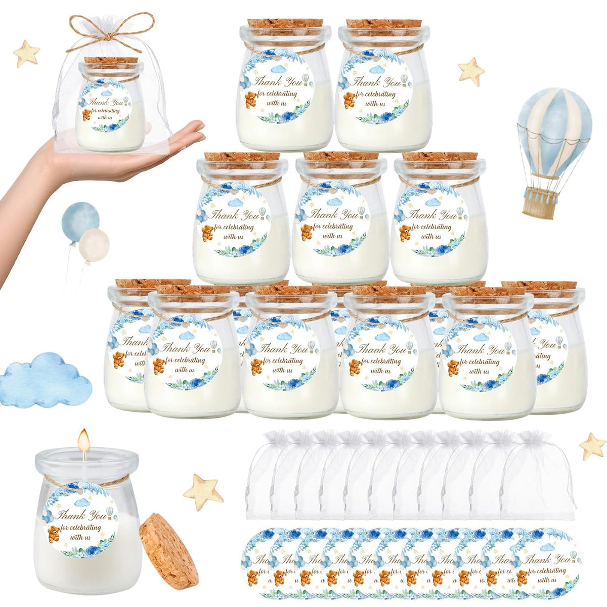 24Pcs Baby Shower Candle Party Favors Lavender Scented Glass Jars Wax Candle Bulk With Thank You Cards Organza Bags For Guests Boy Girl Birthday Gender Reveal Gift Souvenirs (Blue Bear, 24)