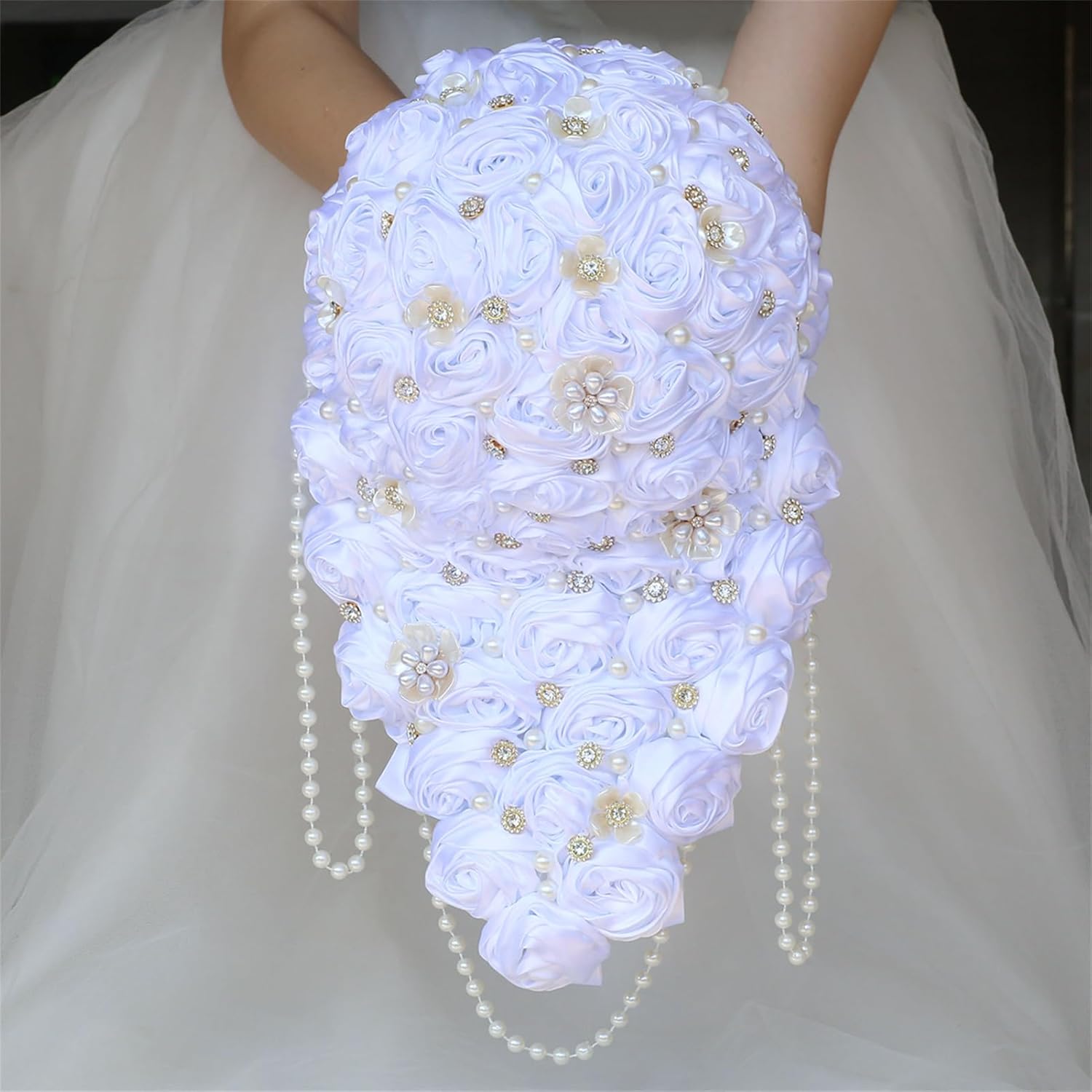 Wedding Bouquets For Bride 8.7Inch Cascade Bridal Holding Bouquet Satin Rose Artificial Flower Bunch For Bride Bridesmaid (White)