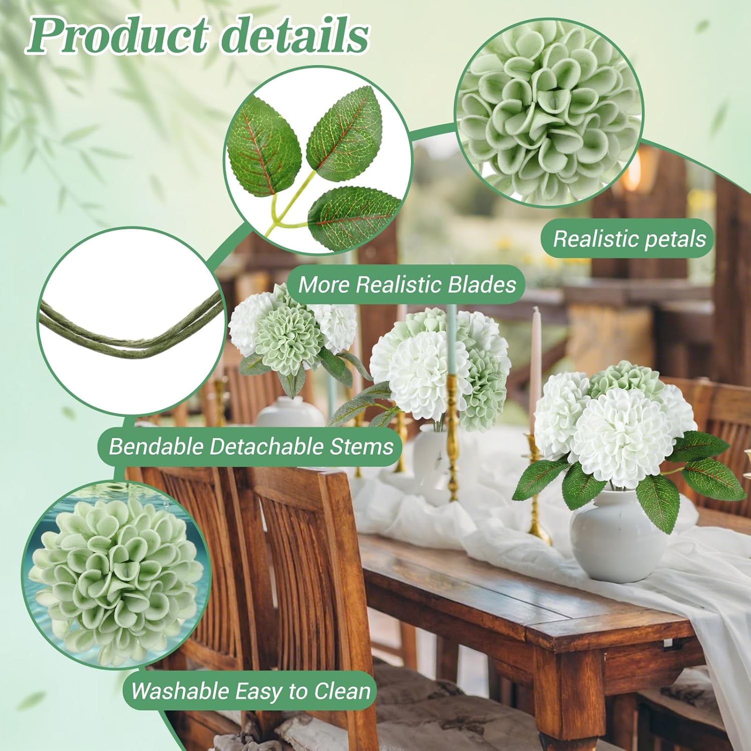 50 Pcs Sage Green Artificial Flowers With Stem For Diy Wedding Bouquets Centerpieces Arrangements, Green And White Dahlia Flowers For Bridal Shower Party Home Decorations, 3.15 Inches