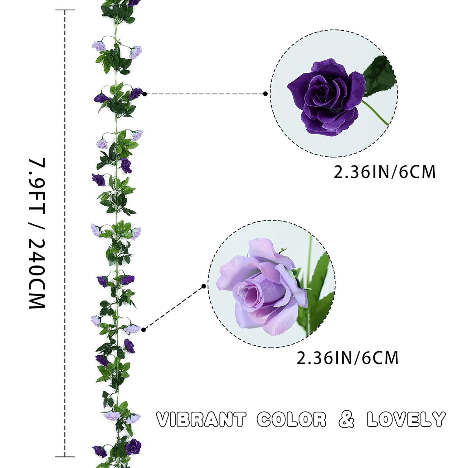 2 Pack Artificial Flower Garlands 15.8Ft Fake Rose Vines Silk Flowers Hanging Rose Ivy For Wedding Arch Party Home Garden Wall Decor (Purple)