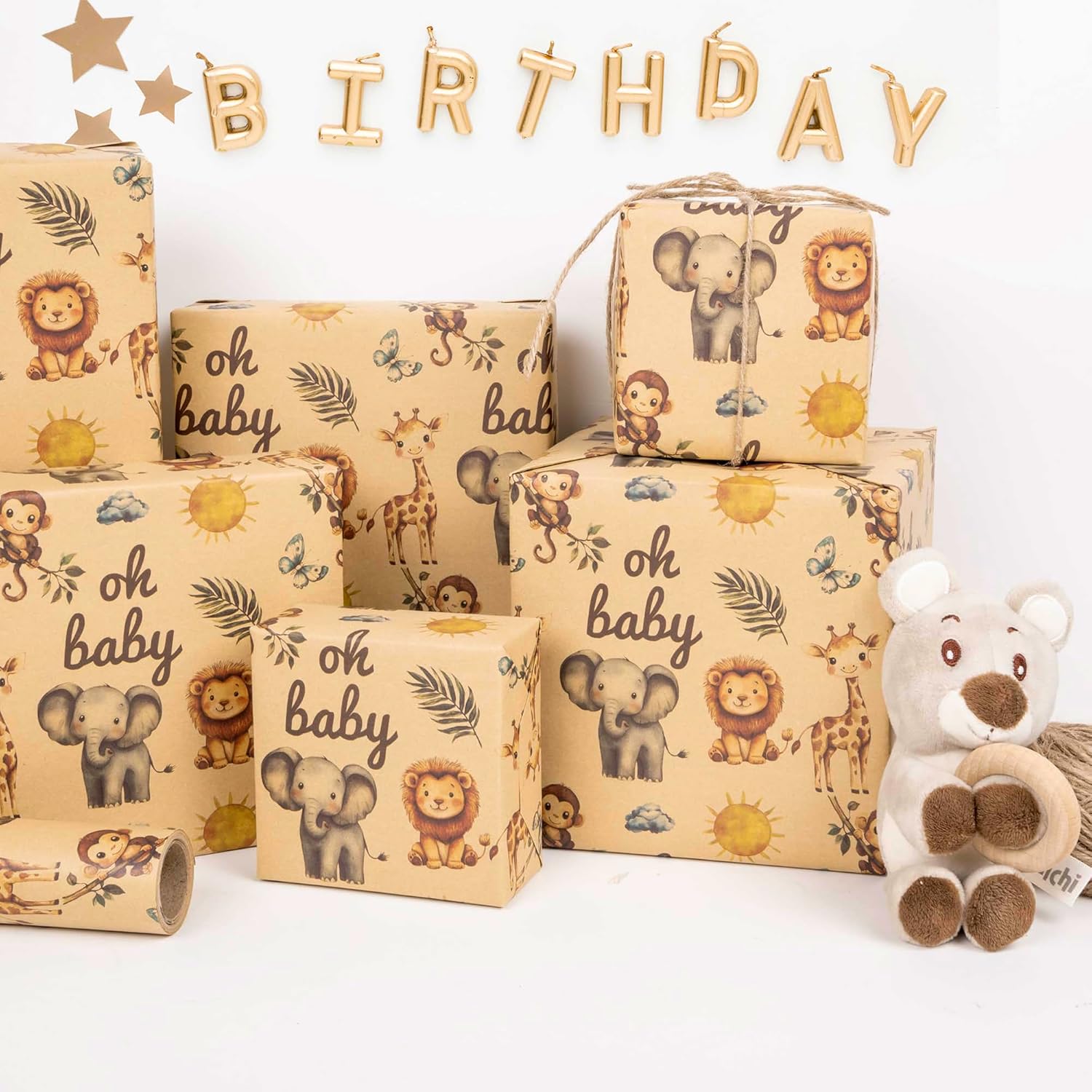 Baby Shower Kraft Wrapping Paper Roll For Kids Boys Girls - Cute Safari Animals & Oh Baby Baby Gift Wrap For Birthday, Holiday, Baby Shower, Summer Party Favor - 17 In X 20 Ft(Total 28.5Sq.Ft)