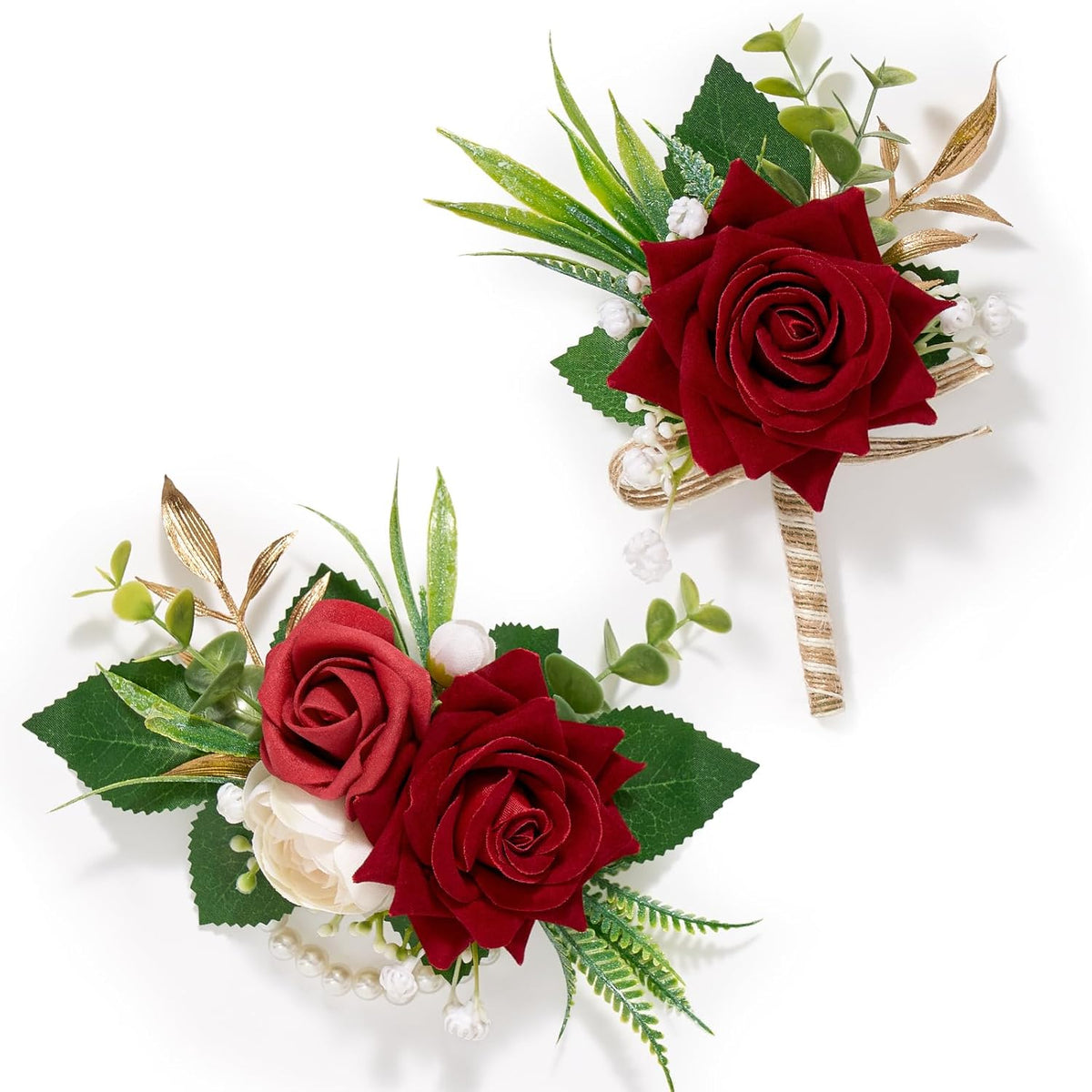Red Rose Corsage And Boutonniere Set, Boutonniere For Men And Wrist Corsage Wristlet Prom Homecoming Wedding Flowers Accessories Party Suit Decorations (Red)