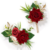 Red Rose Corsage And Boutonniere Set, Boutonniere For Men And Wrist Corsage Wristlet Prom Homecoming Wedding Flowers Accessories Party Suit Decorations (Red)