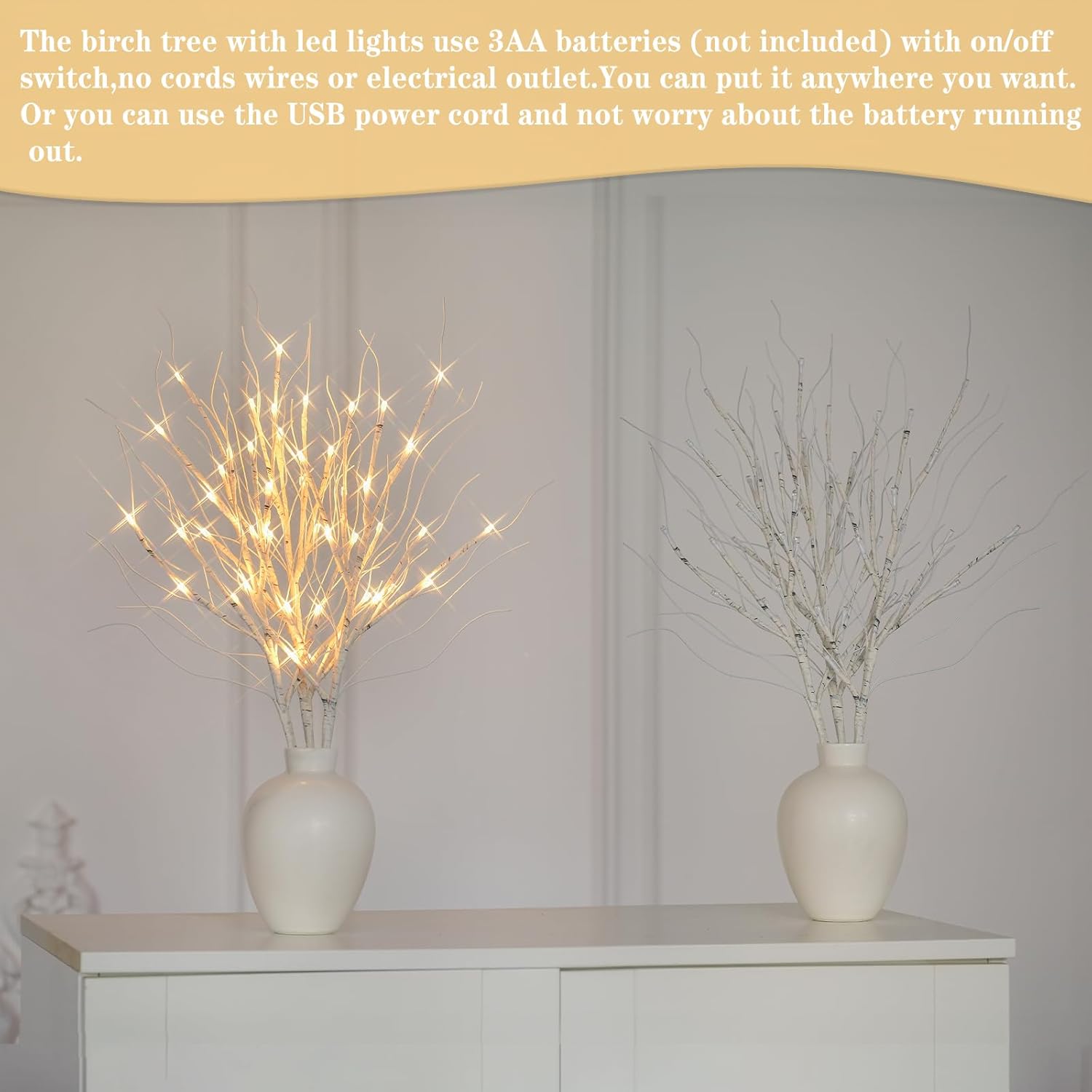 Lighted Artificial Birch Branch Tree Fairy Lights Holiday Decor,3Pk 19.7In 48 Led;Usb Powered,Warm White Branch With Lig