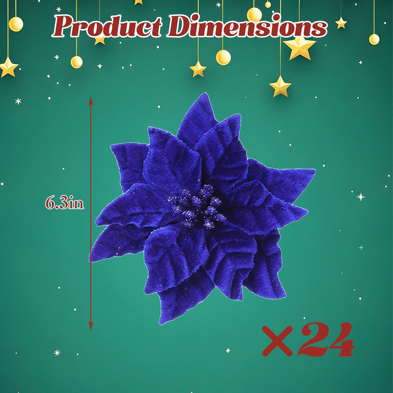 24 Pcs Poinsettia Flowers Artificial, 6.3 In Large Velvet Christmas Flowers With Stems, Floral Picks For Christmas Tree Wreath Garland Ornaments Wedding Decor, Royal Blue