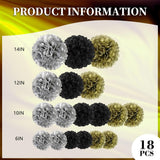 18 Pcs Tissue Paper Pom Poms, Tissue Pom Poms Flowers, Sizes Of 6", 10", 12", 14" Hanging Paper Flower Ball For Wedding, Birthday, Halloween, Christmas, New Years Party Decor (Black Gold Silver)