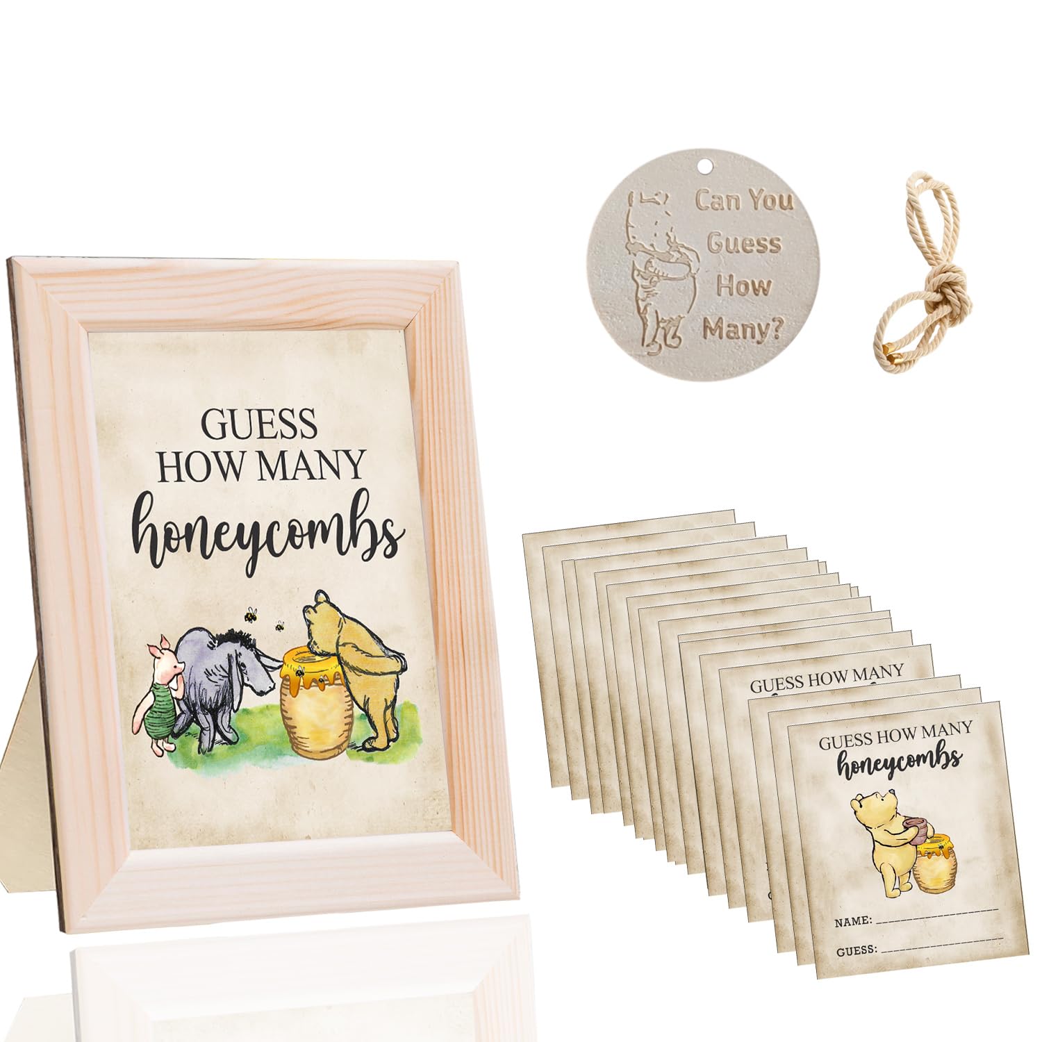 Classic The Winnie Bear Guess How Many Honeycombs Game- Perfect For Baby Showers, Newborn Parties & Birthdays Decorations | Wood Frame + Sign + Guest Game Card - 40 Pcs Set