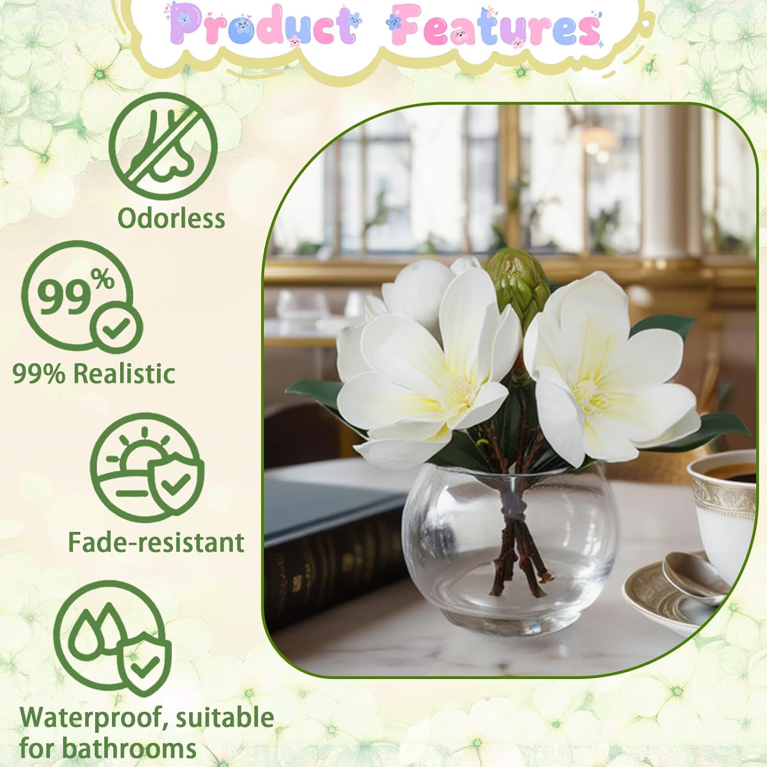 Artificial Flowers With Vase Fake Water White Magnolia Fake Flowers In Glass Vase For Home Bathroom Office Table Shelf Decoration