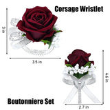 6Pcs Burgundy Corsage And Boutonniere Set, Artificial Rose Wrist Corsage Bracelets Band For Wedding Decorations Prom Party Men Suit Flower Accessories