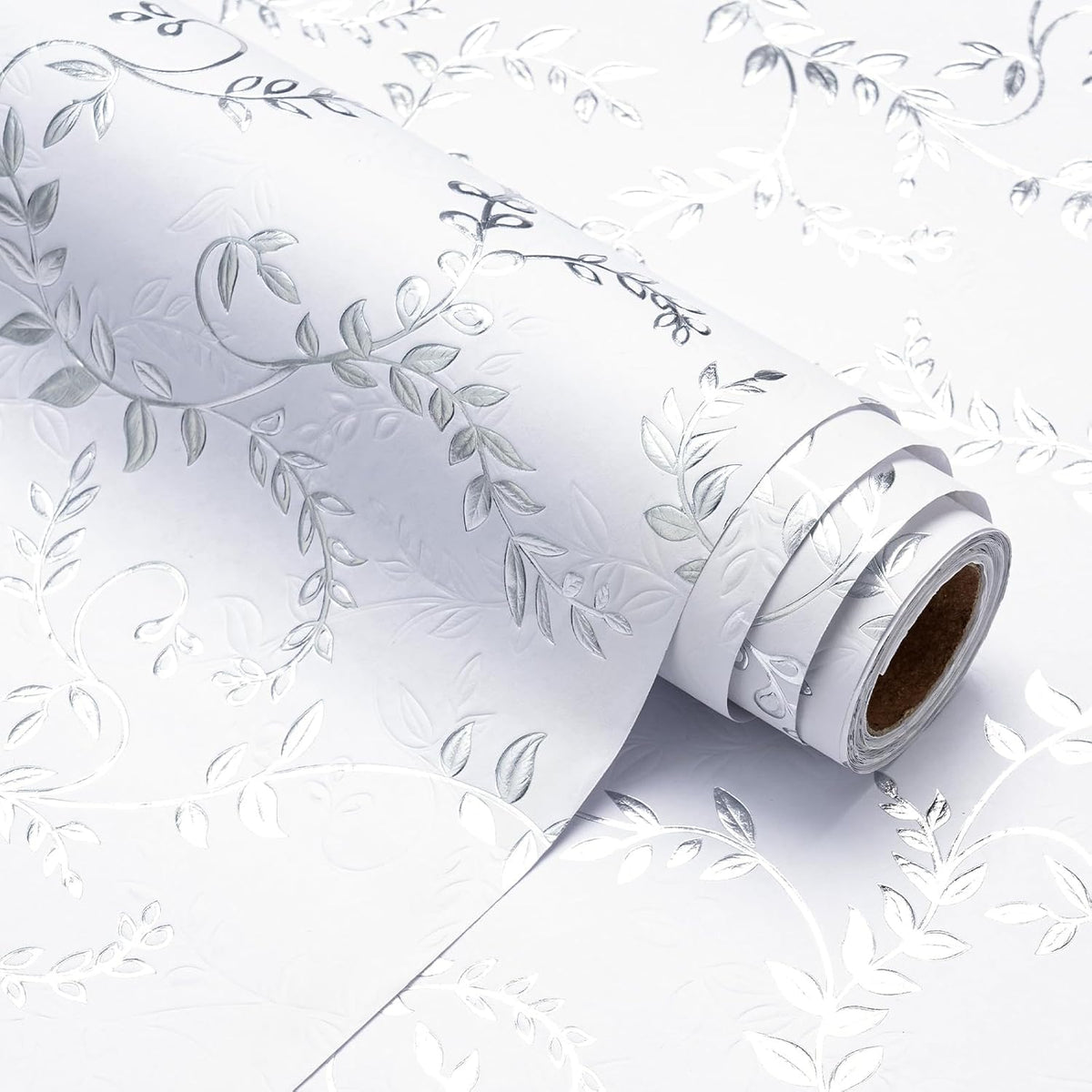 3D Kraft Wedding Wrapping Paper Roll - Mini Roll - 17 Inch X 16.5 Feet - Silver And White Leaves Design With Embossed Perfect For Birthday, Bridal Shower, Wedding, Baby Shower
