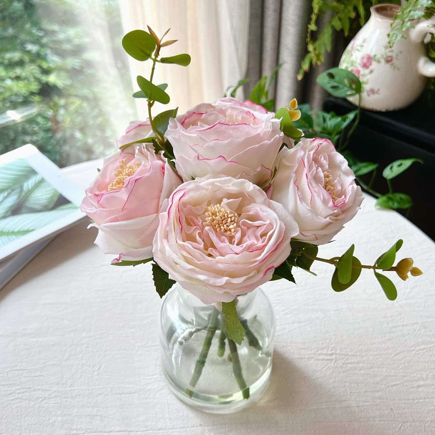 Artificial Flowers In Vase, Vivid Faux Rose Flowers Arrangements, Austin Rose Centerpieces For Tables, Flower Ornaments And Flower Arts For Living Room (Champagne)