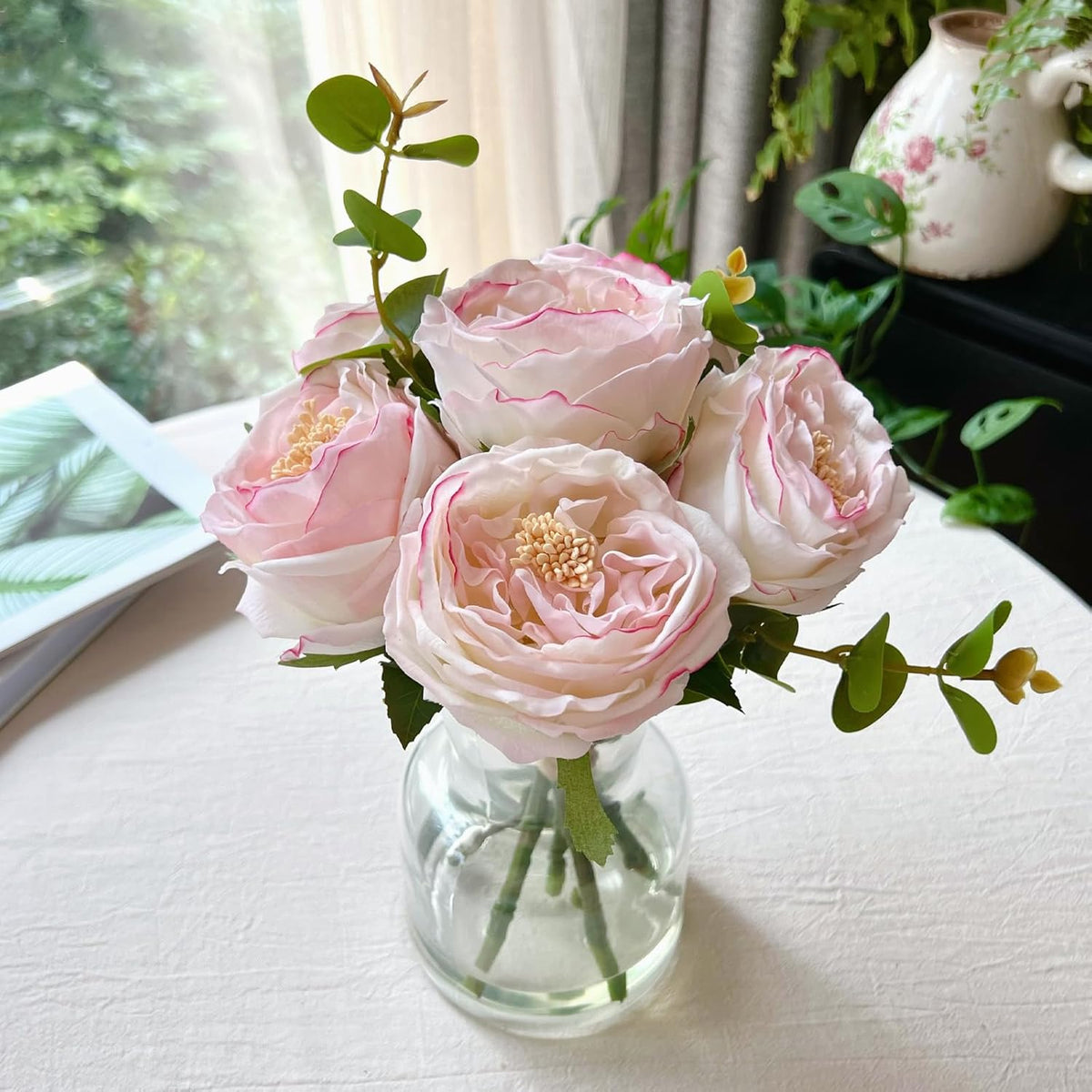Artificial Flowers In Vase, Vivid Faux Rose Flowers Arrangements, Austin Rose Centerpieces For Tables, Flower Ornaments And Flower Arts For Living Room (Champagne)