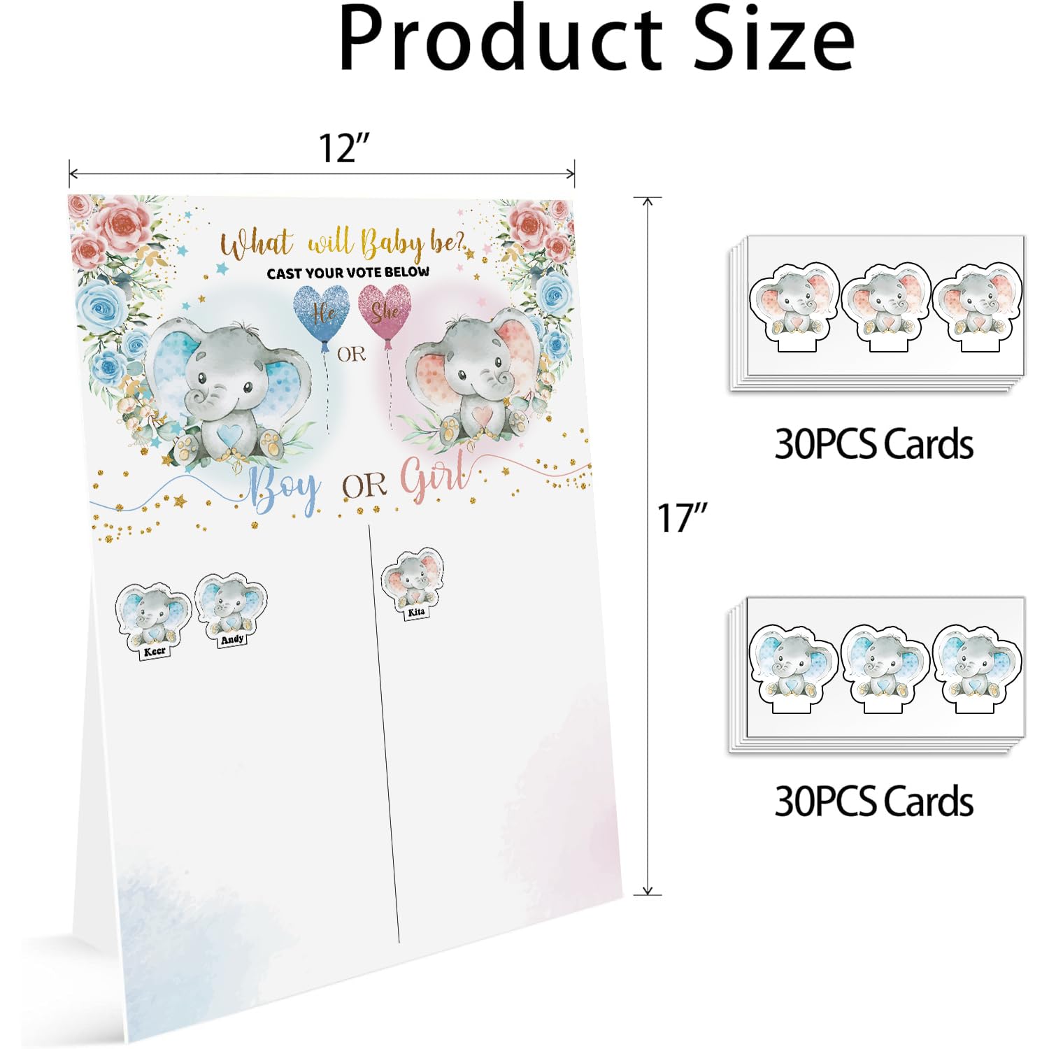 Baby Gender Reveal Board With Stand, 60 Elephant Boy And Girl Stickers For Party Guests?He Or She, Cast Your Vote Guess Game, Gender Reveal Party Centerpiece Decorations