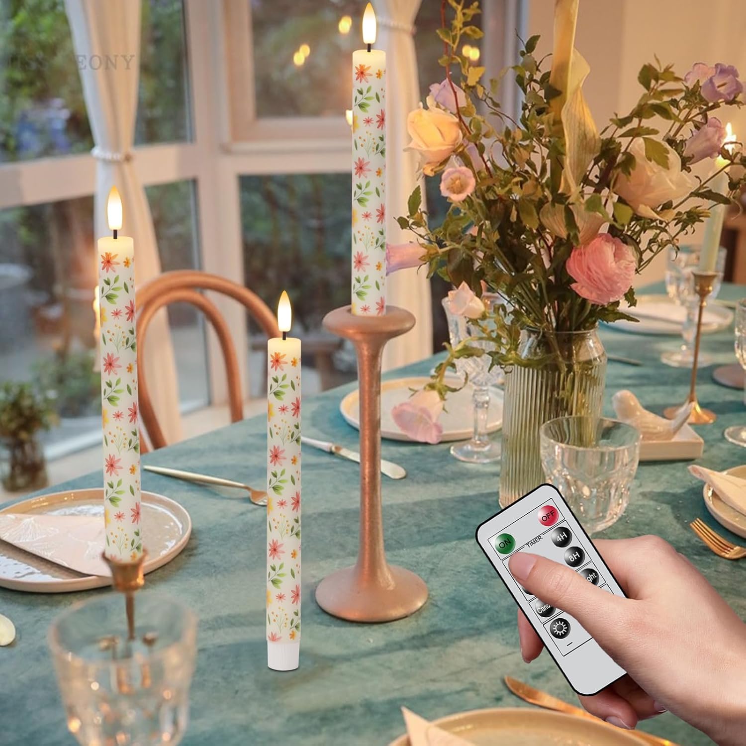 Flameless Taper Candles With Remote, 4 Pcs Spring Led Taper Candles Battery Operated, Real Wax Flameless Candlesticks With Flowers Decals For Spring Wedding Home Decor(0.75” X 9.65”)