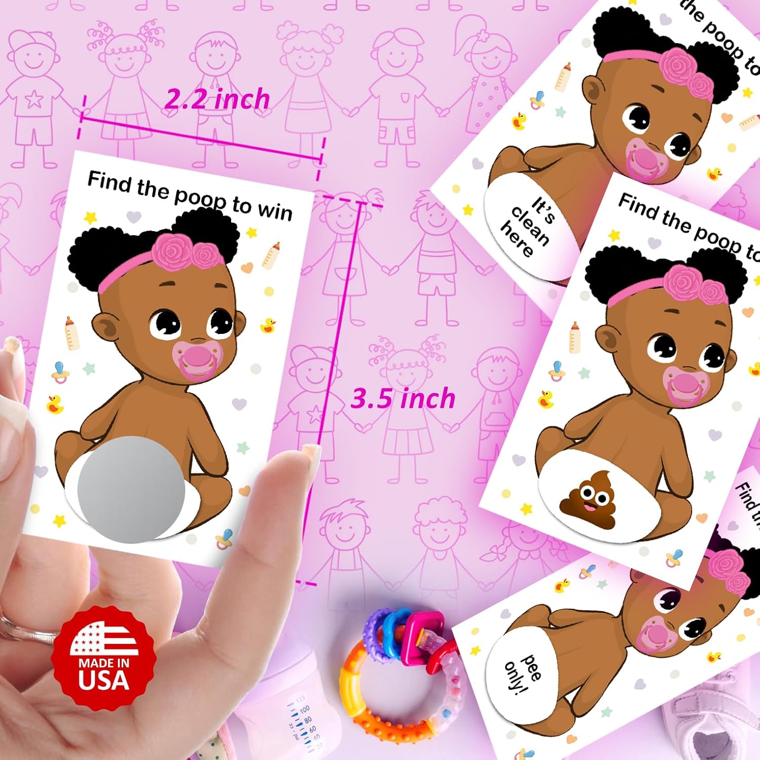 Baby Shower Girl Scratch Off Poop Game, Easy To Play Silly Games, Funny Idea, Ice Breaker Activity. Raffle Cards, Pink Pacifier, African American, Set Of 40 Cards Made In Usa
