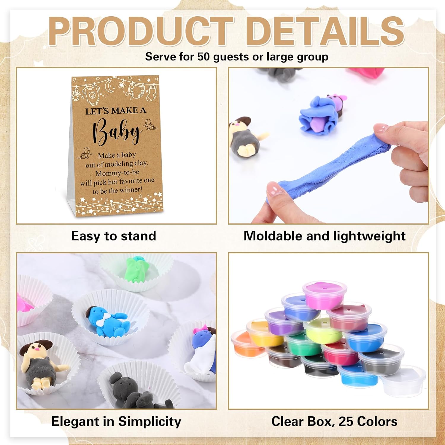 101 Pcs Retro Funny Baby Shower Games Set Include 50 Modeling Clay 50 Cupcake Liners And 1 Let'S Make A Baby Game Sign For Guest Gender Reveal Activities Adult Arts Diy Crafts Gifts