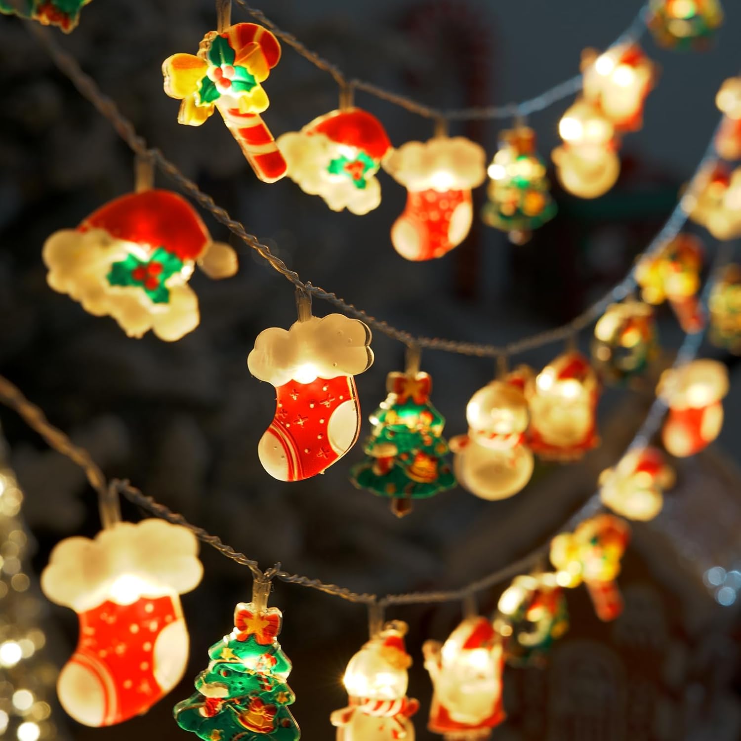 Christmas Fairy String Lights, 20 Led Xmas Warm White Lights Hanging Decors With Santa Claus Wreath Tree Snowman Candy C