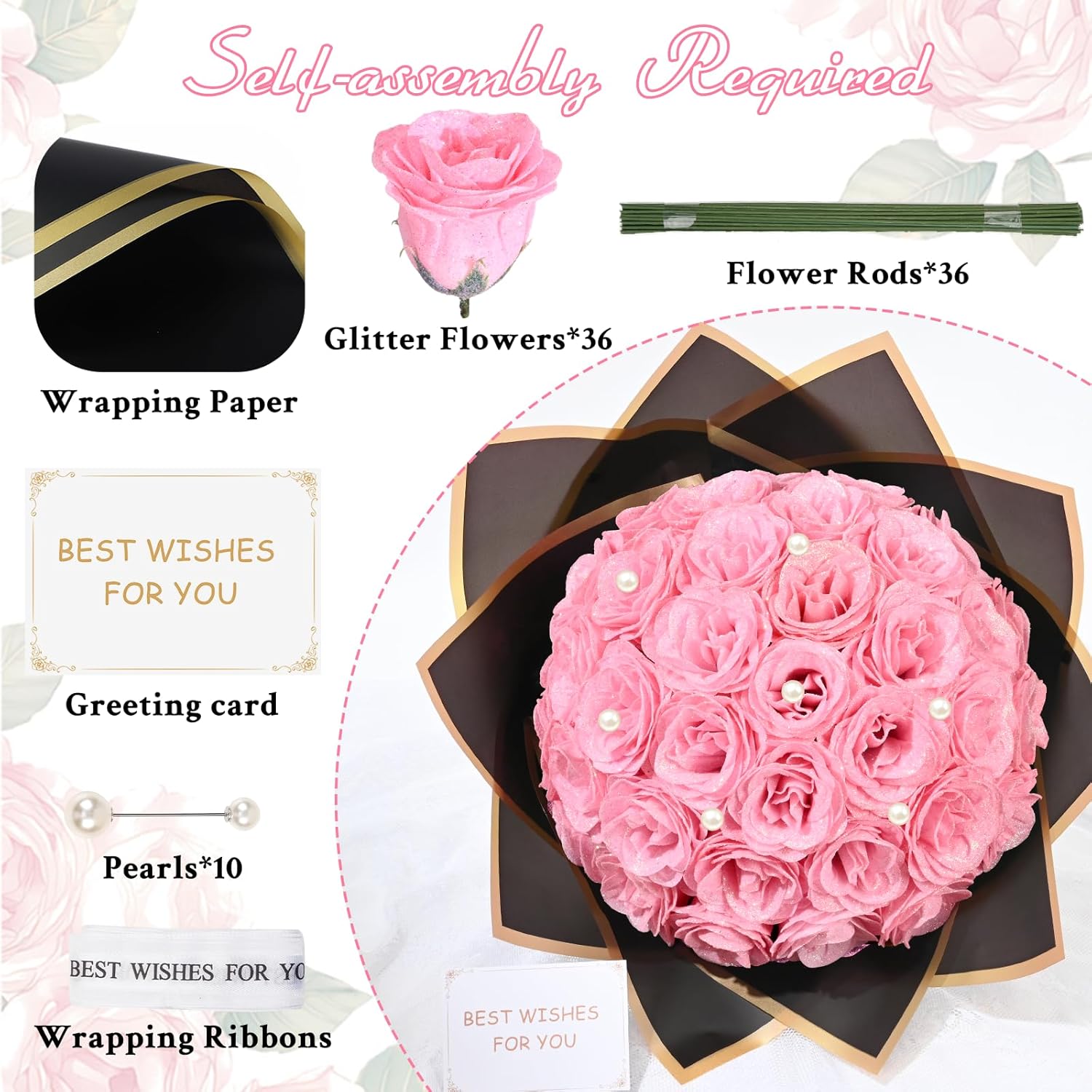 Pink Glitter Roses Bouquet, Diy Fake Flowers Bouquet, Artificial Rose Bouquet For Valentines, Anniversary, Engagement, Wedding, 36 Roses