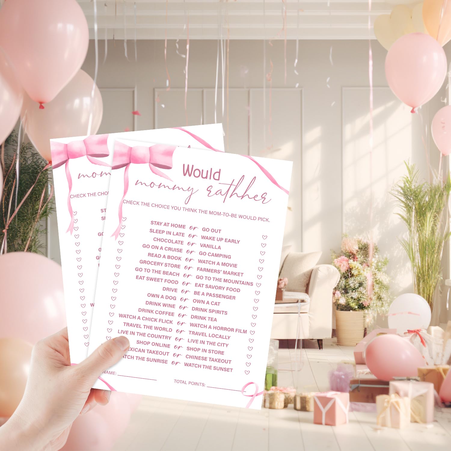 Pink Bow Baby Shower Games, Would Mommy Rather Game Cards, 30 Double-Sided Game Cards, Baby Shower Games Activity Gender Reveal Party Supplies -P15