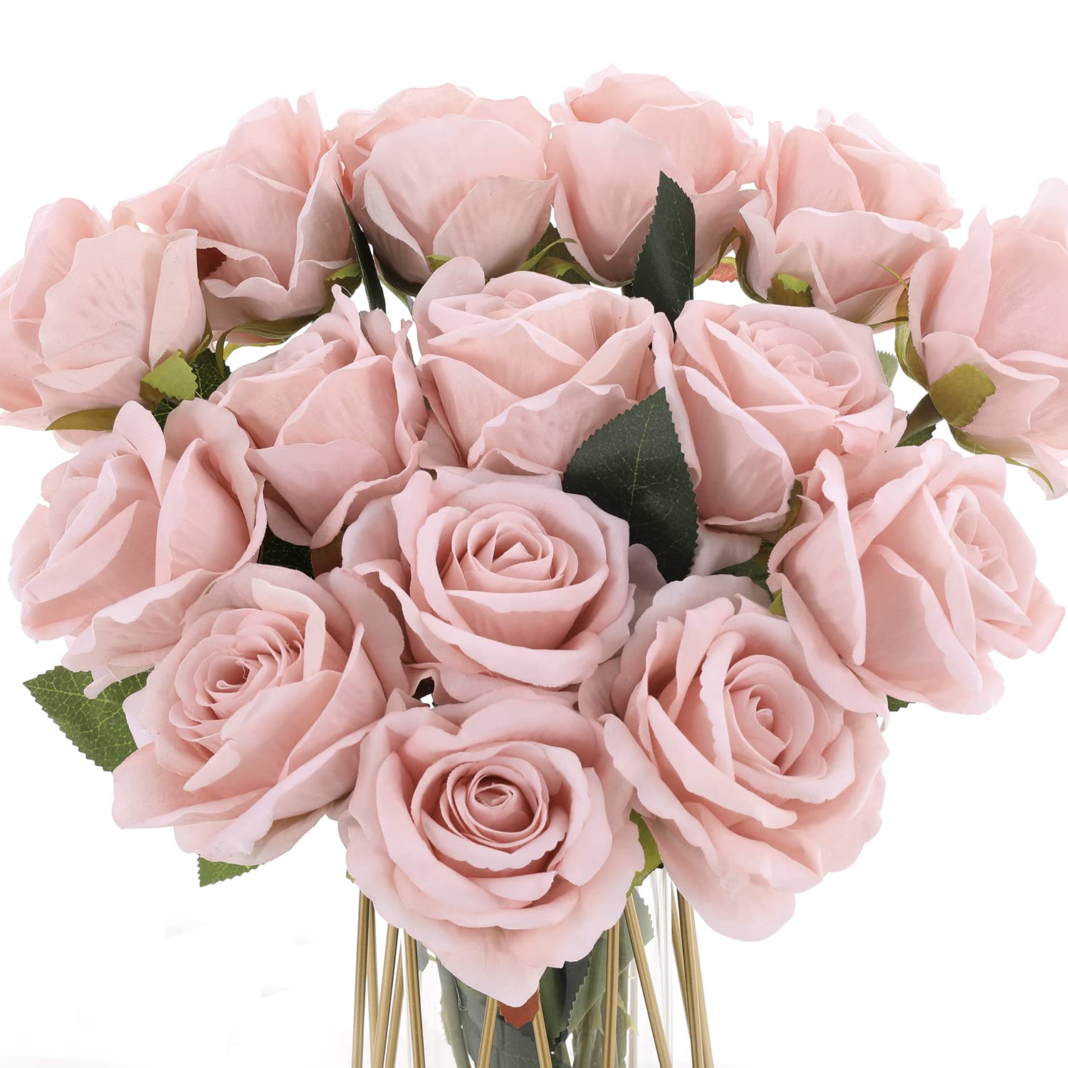 15Pcs Pink Roses Artificial Flowers Fake Roses Long Stem Velet Rose Silk Flowers For Home Wedding Decoration (Round Roses,Pale Pink)