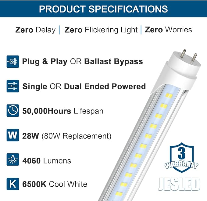 4 Pack 4FT T8 Type A B LED Tube Lights 28W 4060LM 6500K Plug and Play Ballast Bypass Replacement