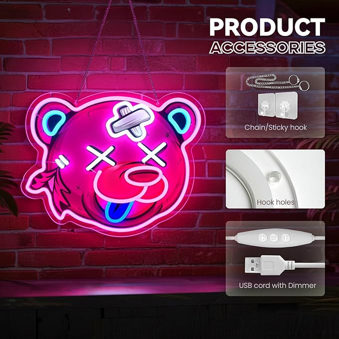 Pink Bear Neon Sign Dimmable LED Wall Light Acrylic Bear Head Decor for Girls Room Bedroom