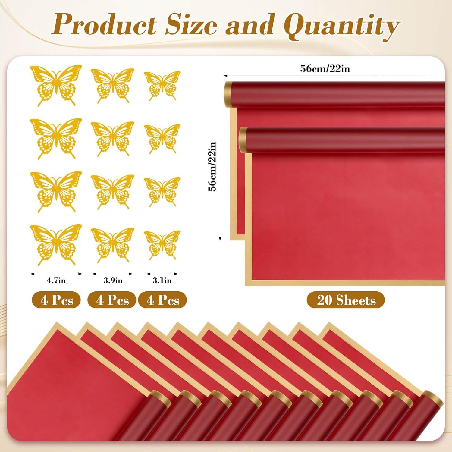 20 Sheets Flower Bouquet Wrapping Paper With 12 Pieces Gold Butterfly Decorations For Flower Bouquets, Gift Wrapping(Red)