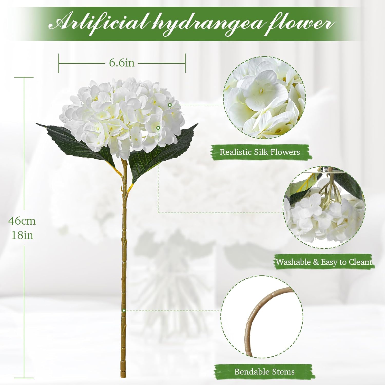 6Pcs Realistic Artificial Silk Hydrangea Flowers – Premium Fake Hydrangea Flowers Bouquets With Stems, Full Faux Hydrangea Blooms For Home Wedding Table Party Baby Shower Decorations(White)