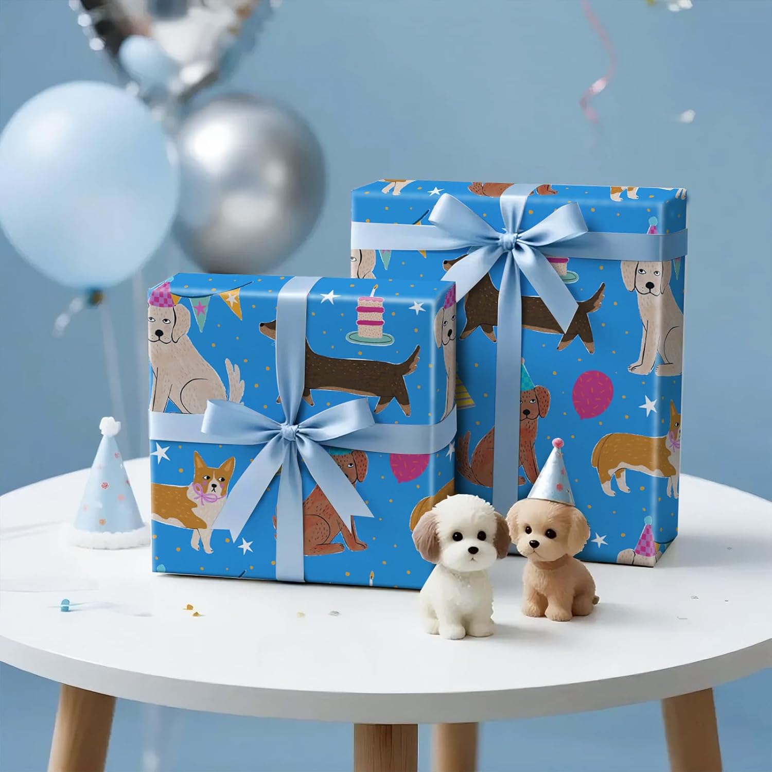 Dog Birthday Wrapping Paper Roll For Boys, Mini Roll, Cute Cartoon Dog With Party Hats, Cakes And Balloons Design, Blue Gift Wrap For Kids, Pet Lovers, Pet Birthday, 17 Inches X 16.4 Feet