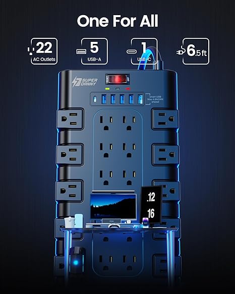 Surge Protector Power Strip with 22 Outlets 6 USB Ports 2100J 6.5FT Heavy Duty Extension Cord