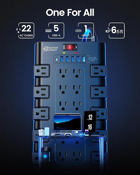 Surge Protector Power Strip 22 Outlets 6 USB Ports 2100J 6.5FT Flat Plug Extension Cord Black