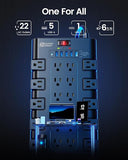 Surge Protector Power Strip 22 Outlets 6 USB Ports 2100J 6.5FT Flat Plug Extension Cord Black