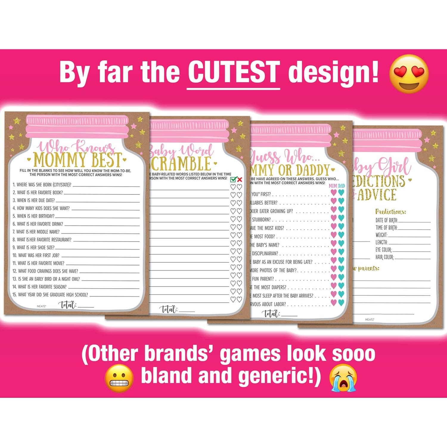 Baby Shower Games For Girl - 7 Games Instant Fun - Baby Prediction Cards, Guess Who Mommy Or Daddy, Word Scramble, Advice Cards, Pictionary, How Big Is Mommys Belly, Mason Jar Design