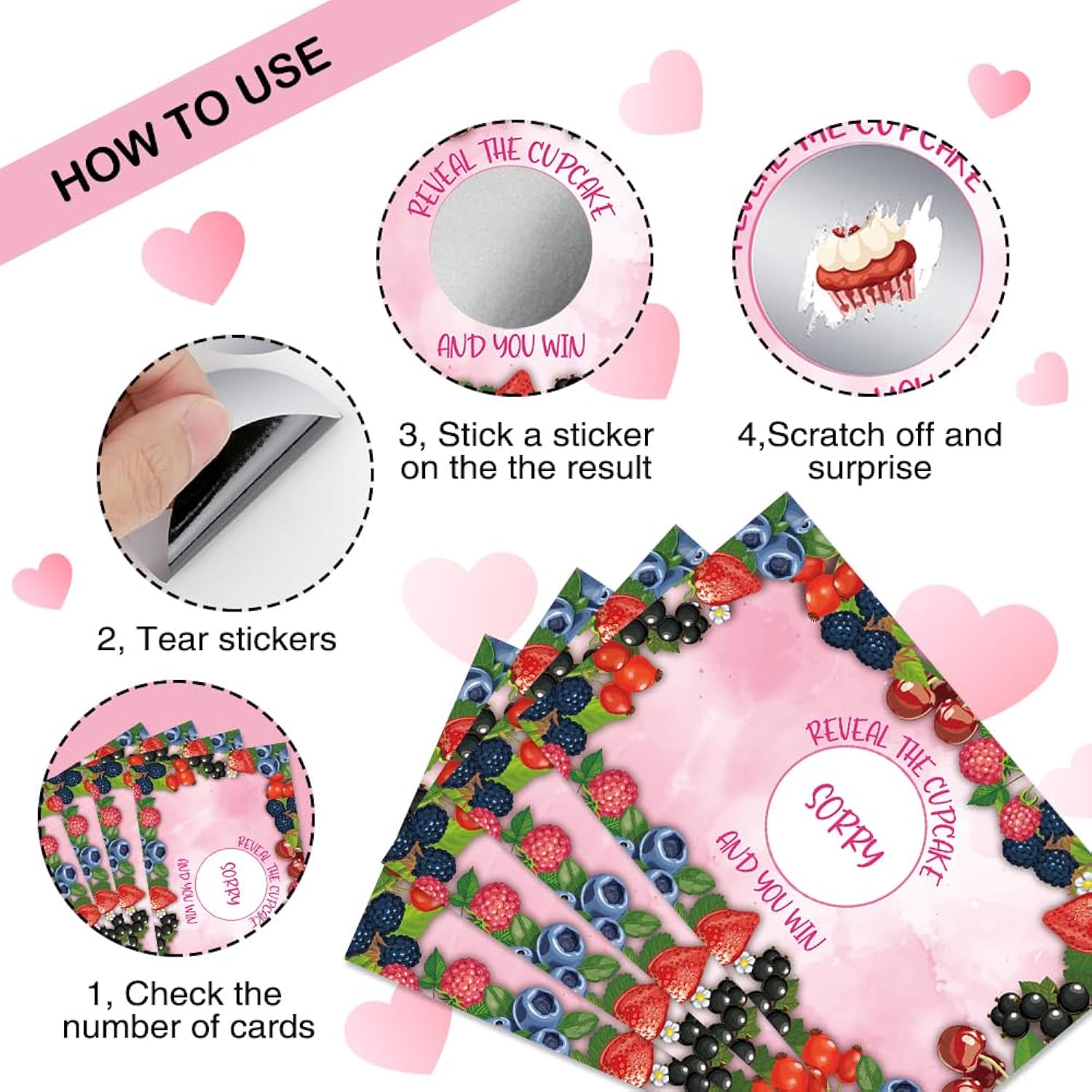50 Psc Berry Scratch Off Game Cards, Sweet Berry Pink Scratch Cards For Birthday Baby Shower Party, Blueberry Strawberry Party Supplies, Lottery Prize Raffle Tickets